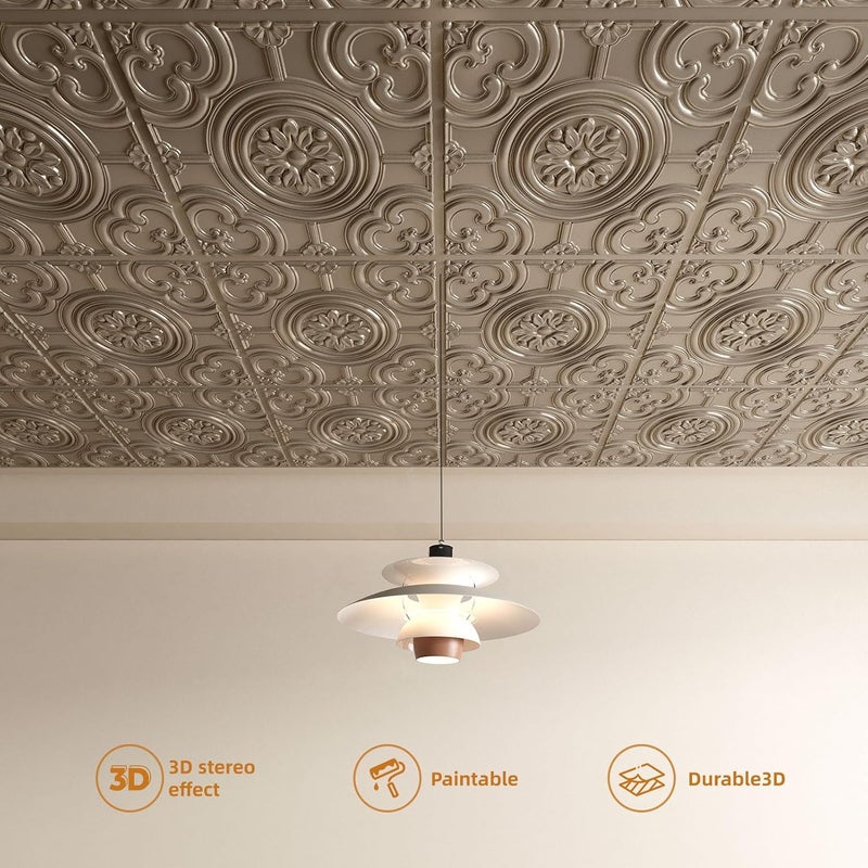 WOWSTAR 12-Pack 24"x24" Drop Ceiling Tiles, Waterproof Glue up Ceiling Panels, Antique Gold - Image 3